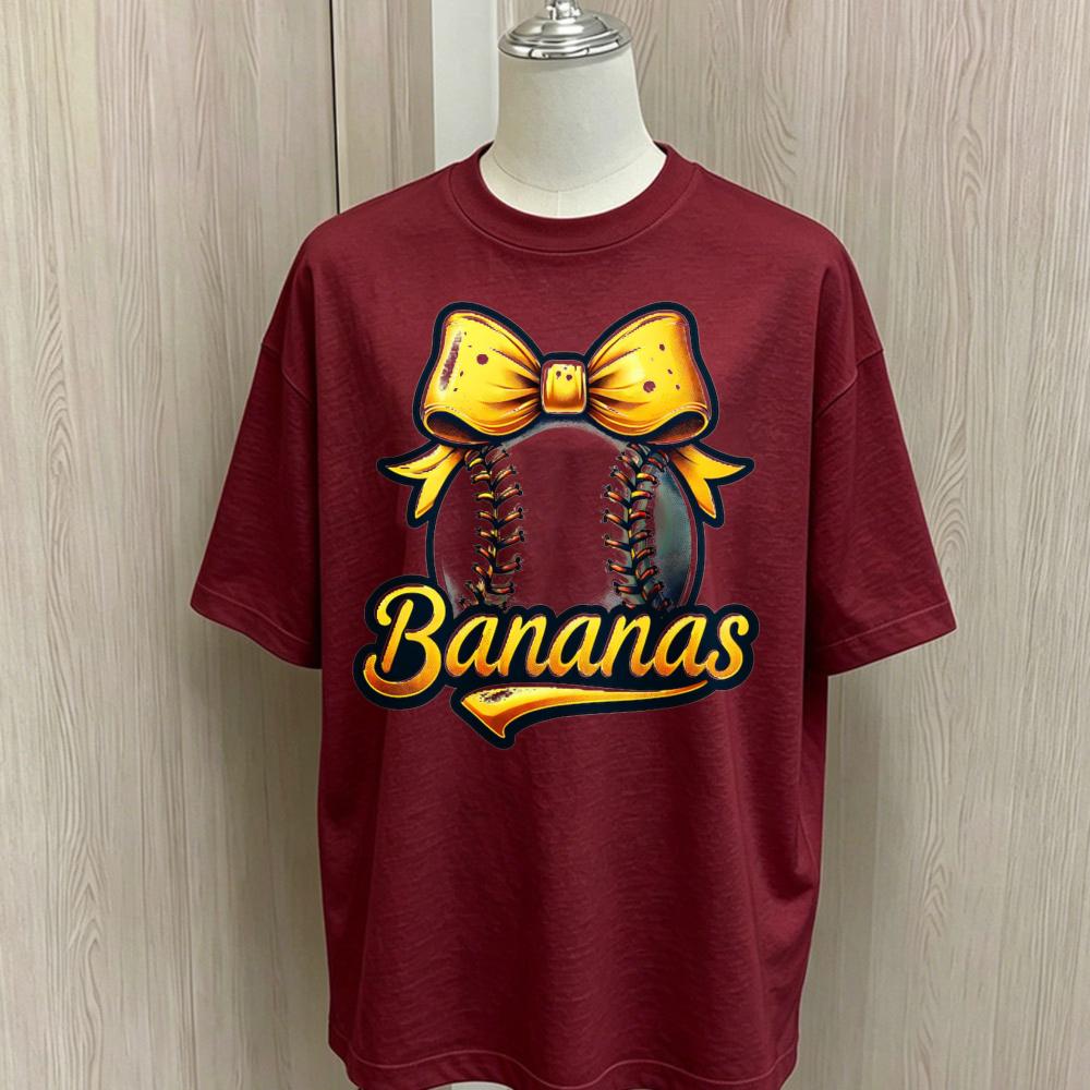 Bananas Baseball Yellow Bow Print Oversized Cotton Tee Retro Sports Loose Short Sleeve Tops Cute Game Day