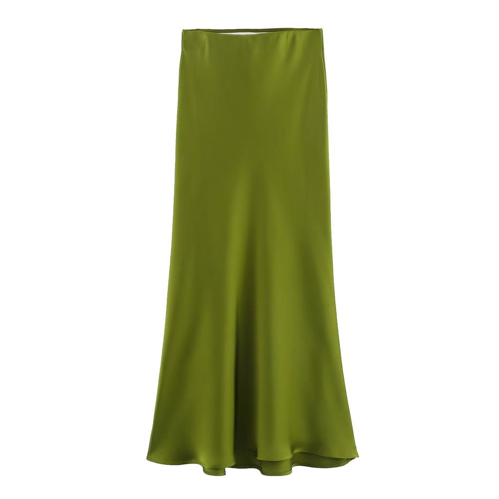 Qooth Women Elegant Satin Black Skirt High Waist Slim Skirt for Spring Summer QT2319