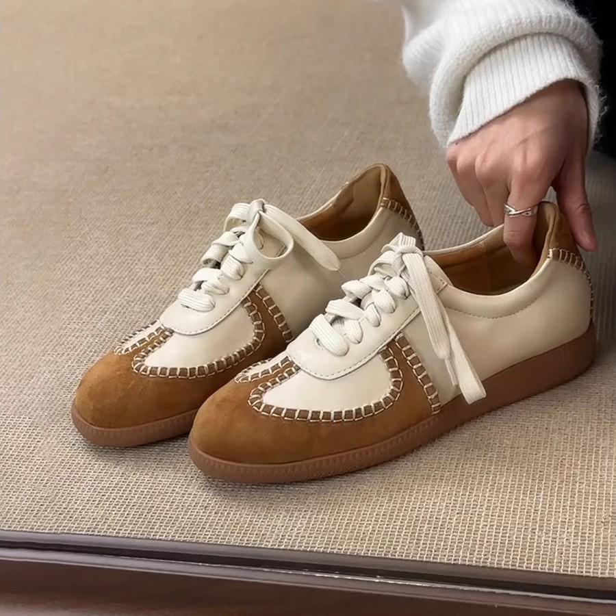 Cowhide Version~ American Retro German Training Shoes Sports Shoes Women's Platform Casual Board Shoes Versatile Color Matching Lace-up White Shoes