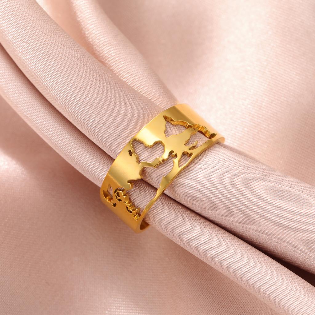 LIKGREAT Stainless Steel Adjustable Finger Ring World Map Hollow Silver Color Opening Ring Jewelry Party Gift for Women Men
