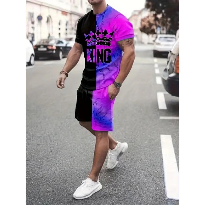 Hip Hop Style Personality Cartoon 3D Printed Men's Round Neck Short Sleeve 2 Fashionable Street Sports All-match Men's Suit