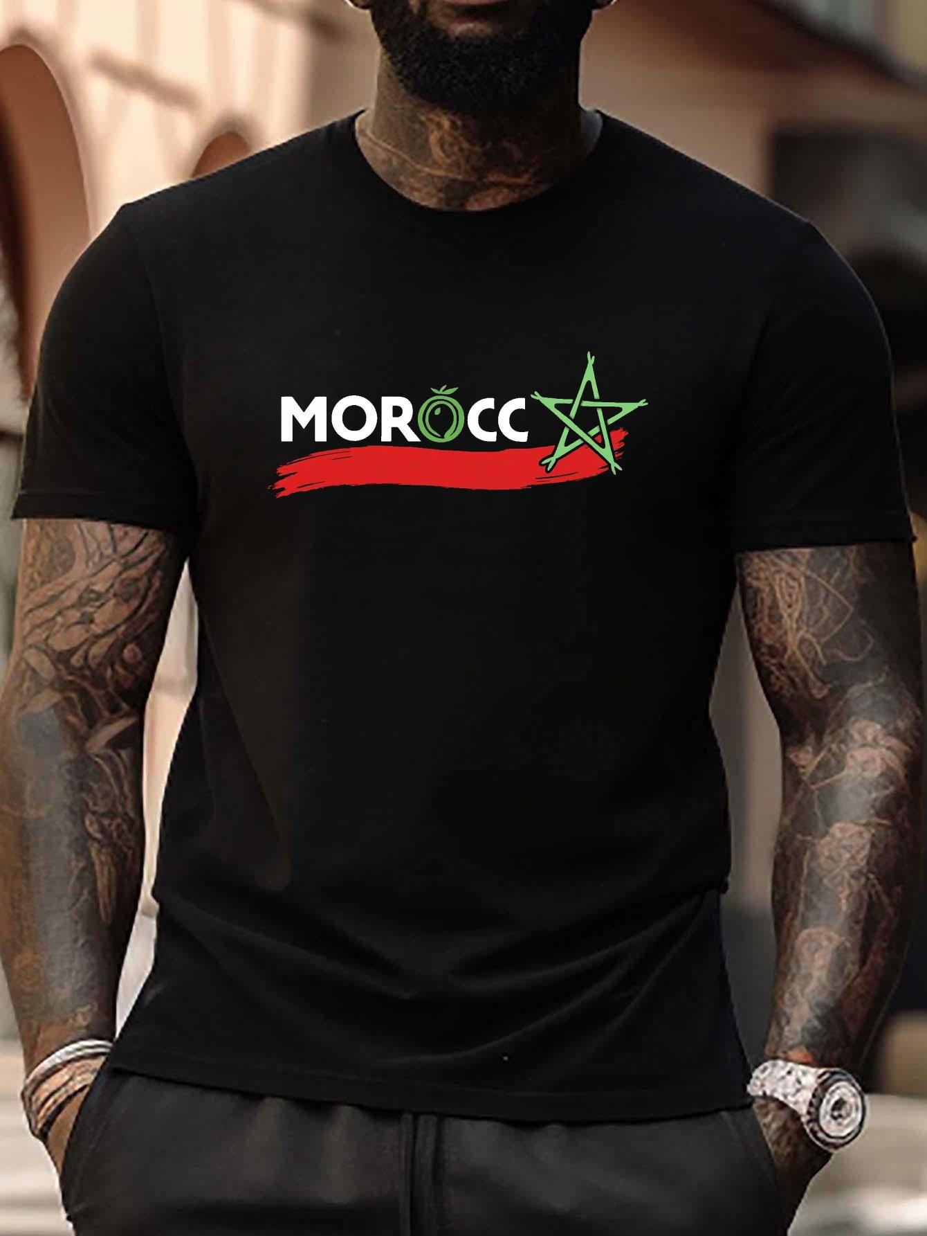 Morocco Flag & Star Graphic T-shirt - Plus Size Black Casual Short Sleeve Tee M
