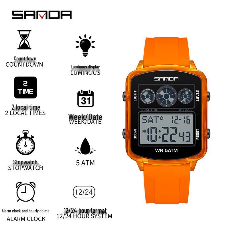 Sanda Dual Time Waterproof Transparent Sports Wristwatch with Colorful Single Display and Student Timer Function