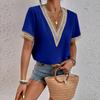 Fashion Women Summer Solid Color T-Shirts Hollow Out Design Lace V-Neck Short Sleeve Casual Loose Pullovers Tops Tees