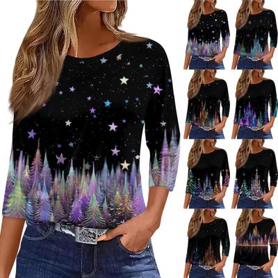 3/4 Length Sleeve Womens Tops Floral Print Vintage Fashion Casual Loose With Round Neck Plus Size Shirts