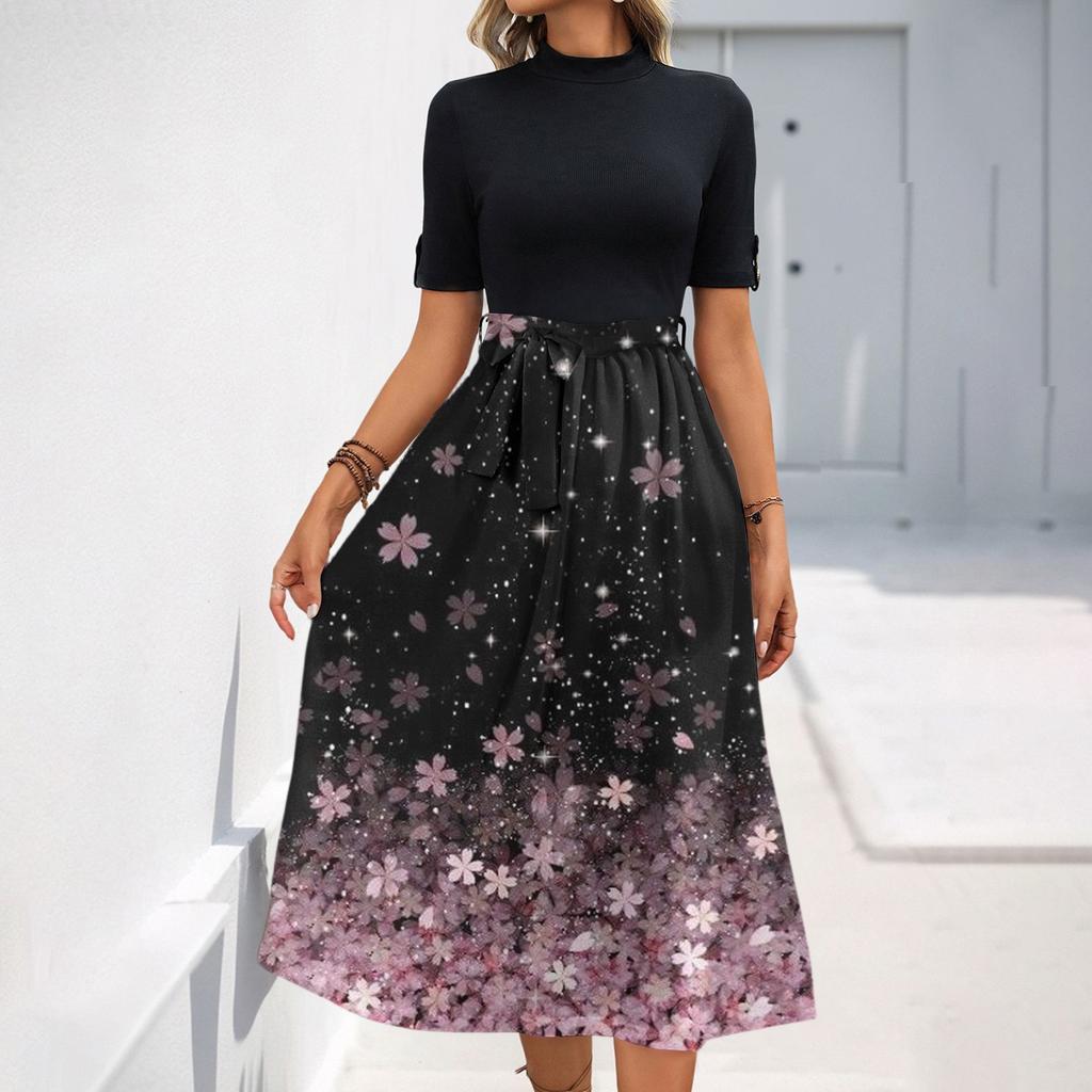 Women's Fashion Casual Belt Short Sleeve Round Neck Floral Elegant Temperament Dress