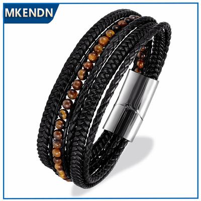 Bracelets multicouches en cuir véritable 6mm Œil de tigre Pierre naturelle Hommes Femmes Bracelets Tressés à la main Bracelet à breloques