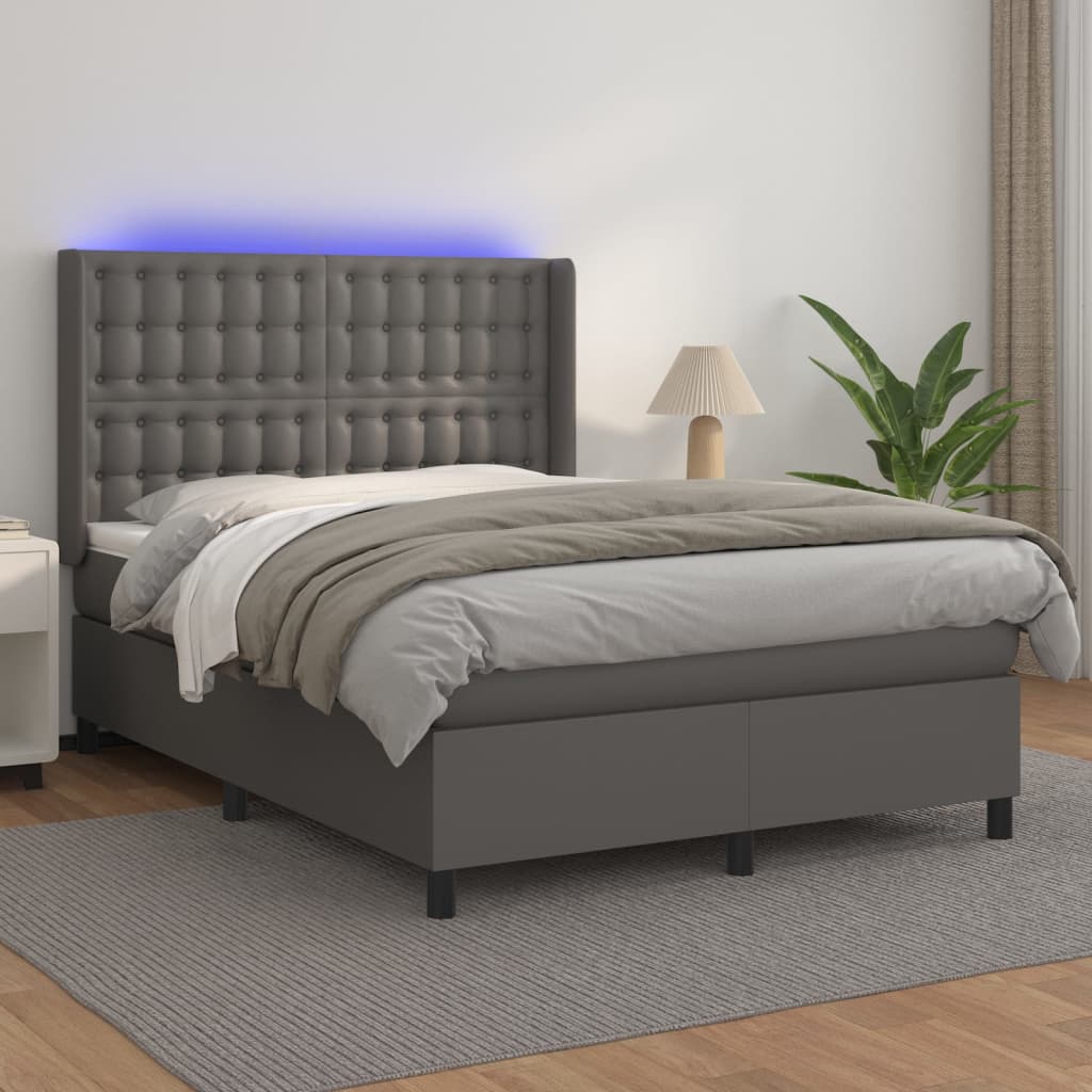 Box Spring Bed with Mattress & LED Gray 140 X 200 Cm Artificial Leather