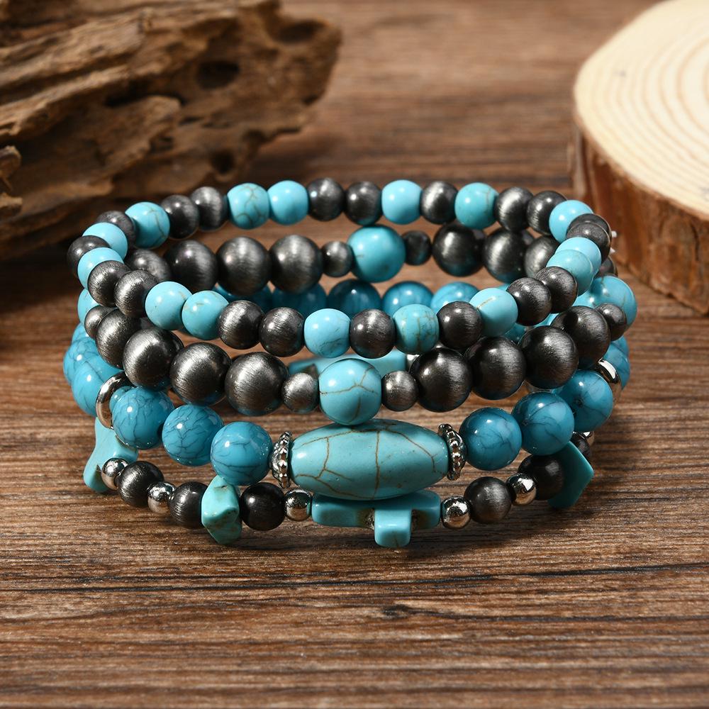 Turquoise Beaded Multi-layer Elastic Cord Wooden Bead Bracelet Set for Women
