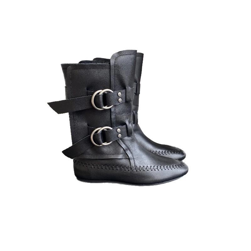 Cowhide version~ niche hand-stitched leather medium tube western cowboy boots women's flat bottom belt buckle knight boots women's boots