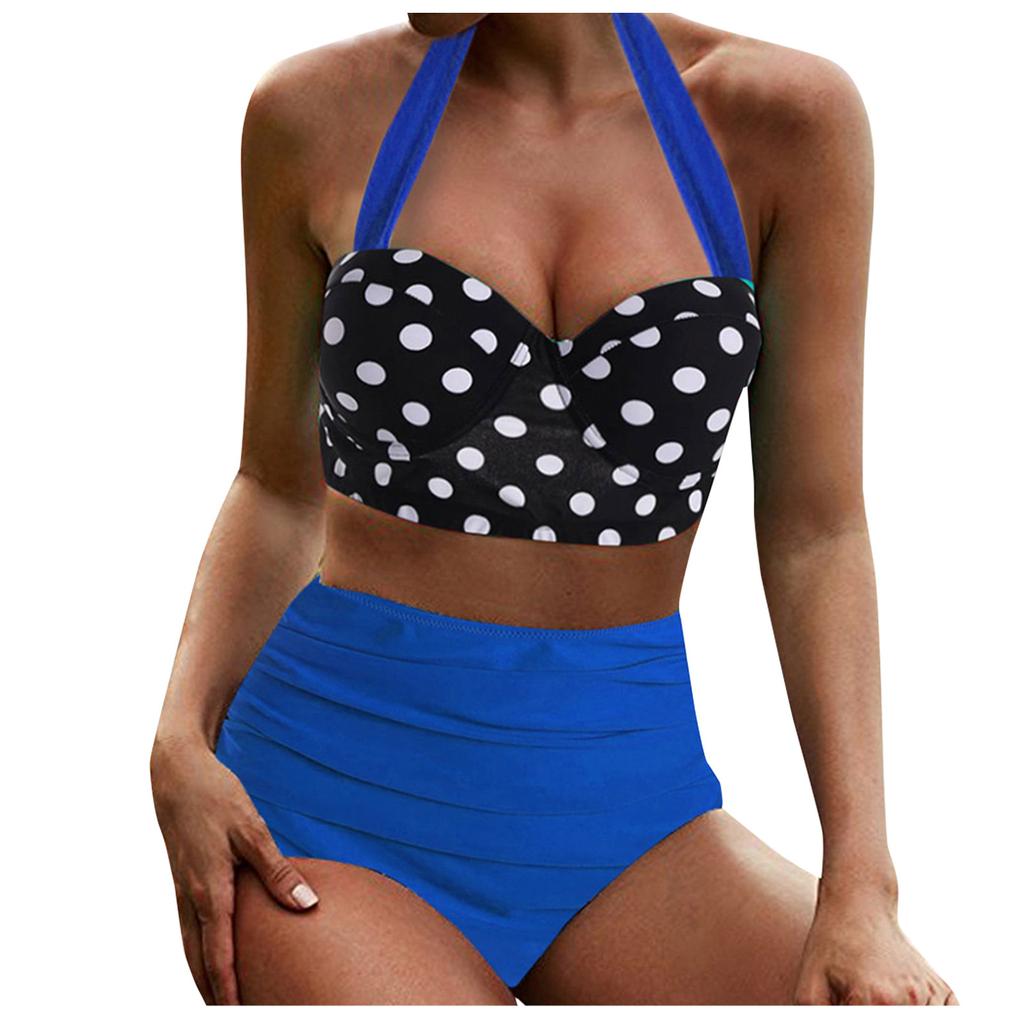 Women's Summer Fashion Casual Polka Dot Print High Waist Split Two-piece Suit  Bikini Swimsuit