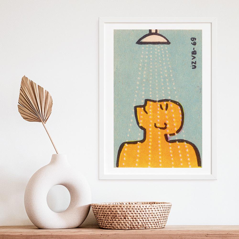 Lustiges Badezimmer-Schild Leinwanddrucke und Poster Mann steht unter der Dusche Badezimmer-Kunst für Männer Gemälde Wandbild Toilette WC Deko