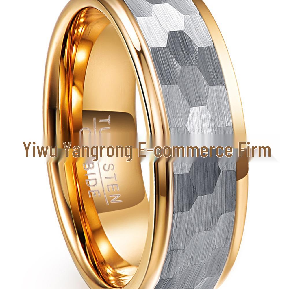 Silver-Gray Matte Hexagonal Tungsten Steel Ring with Gold-Plated Inner Circle - 8MM Wide