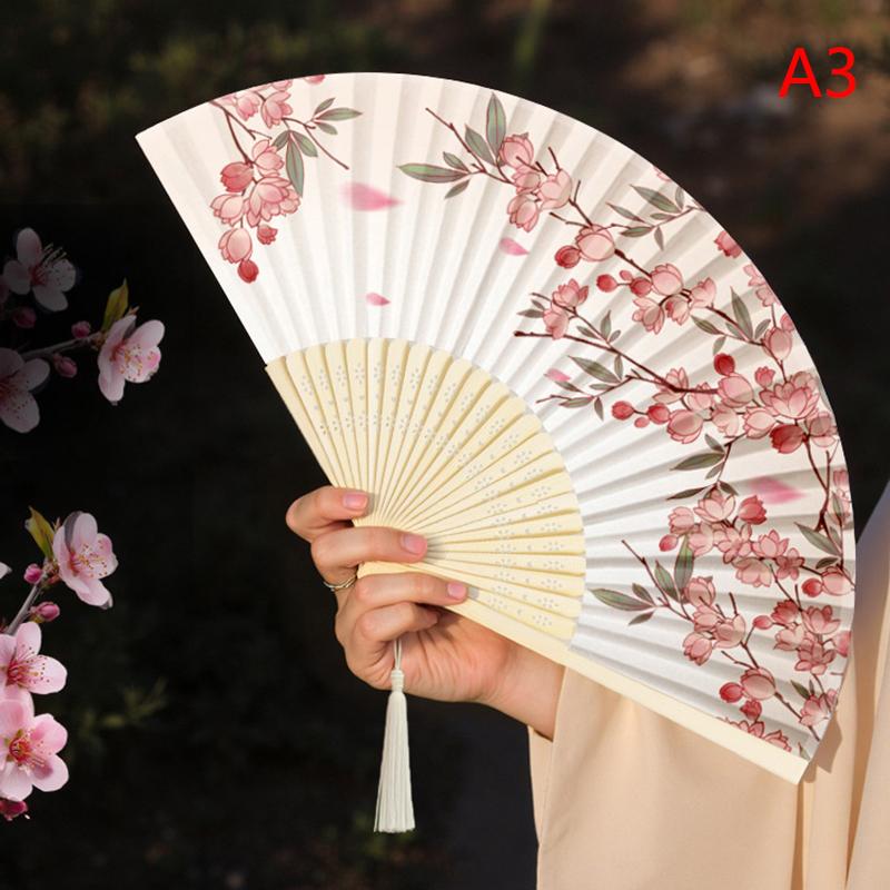 Ventilador Portátil de Mão Dobrável Estilo Chinês Adereços de Dança Ventilador de Concha Retrô Mulher Homem Madeira de Bambu Seda Flor Ventilador Dobrável