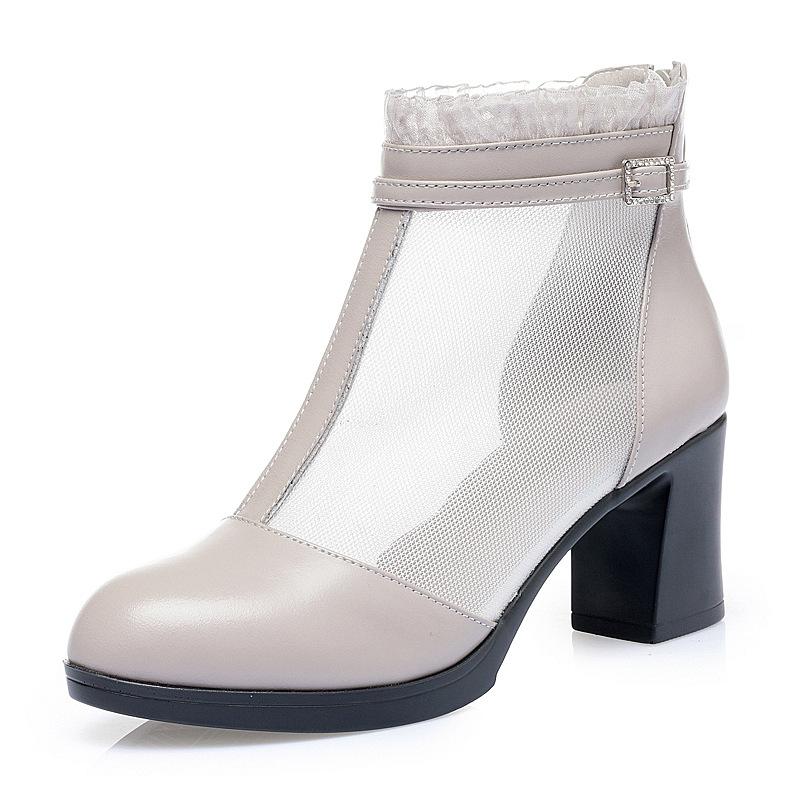 New Summer Women's Short Boots, Breathable Mesh Boots, Hollowed-out Chunky Heel Sandals, Genuine Leather High Heels for Middle-aged Women