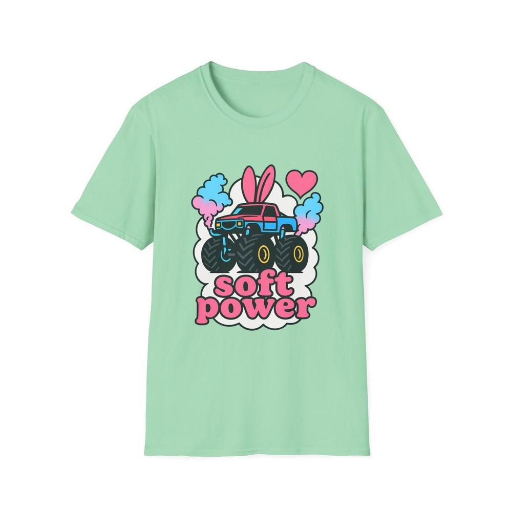

Unisex Softstyle T-Shirt Giant Monster Truck with Pink Bunny Ears Cotton Candy L