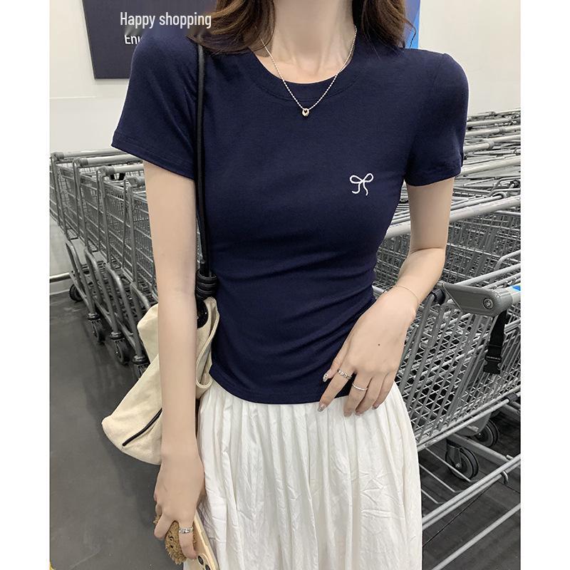 2025 Summer Women's Bow Embroidered Slim Fit Short-Sleeve T-Shirt - Sweet Straight Shoulder Round Neck