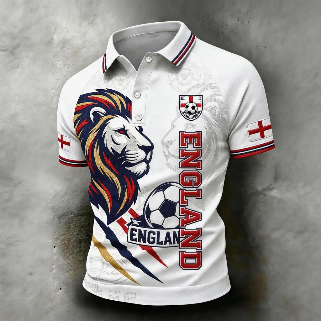 Men's Football Polo Shirt England Inspired Classic Fit Short Sleeve Sports Jersey Breathable Lightweight Fabric