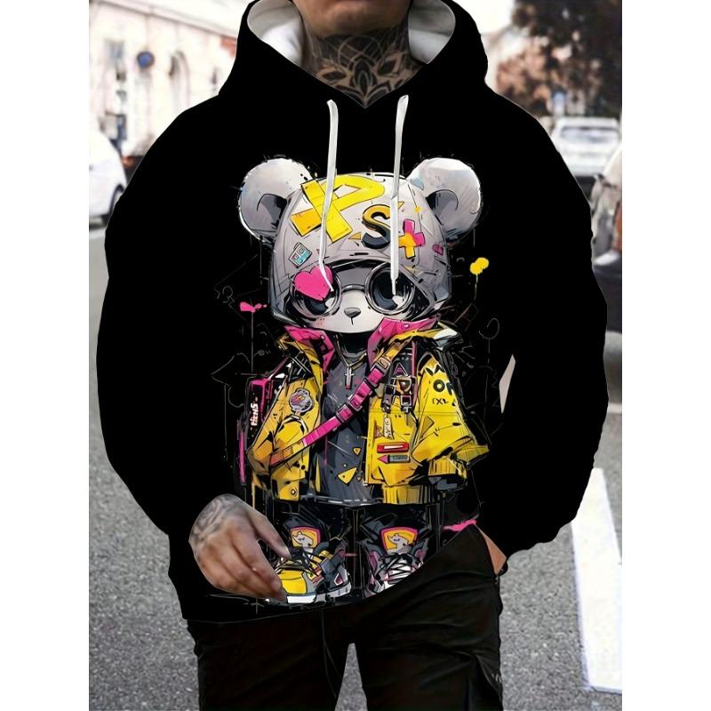 Podzim 2025 Pánská nová mikina s potiskem roztomilého medvídka, měkká a pohodlná, pro venkovní použití, městský street style
