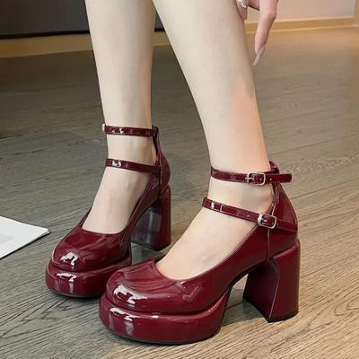 Fashion High Heels Women's Spring Autumn Pumps Shoes Red Black Retro Thick Soled Mary Jane Shoes Ankle Buckle 9cm Chunky Heels Women