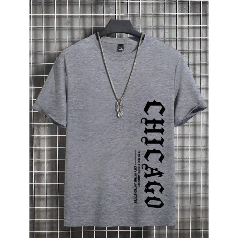 Men's Summer Casual T-Shirt Vertical Chicago Text Print Short Sleeve Streetwear