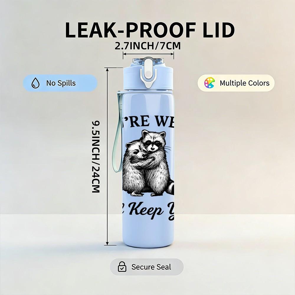 1PC Letter Print Raccoon Art 750ml Color Plastic Sports Water Bottle Leakproof Flip Straw Lid Suitable for Sports Office Home Use