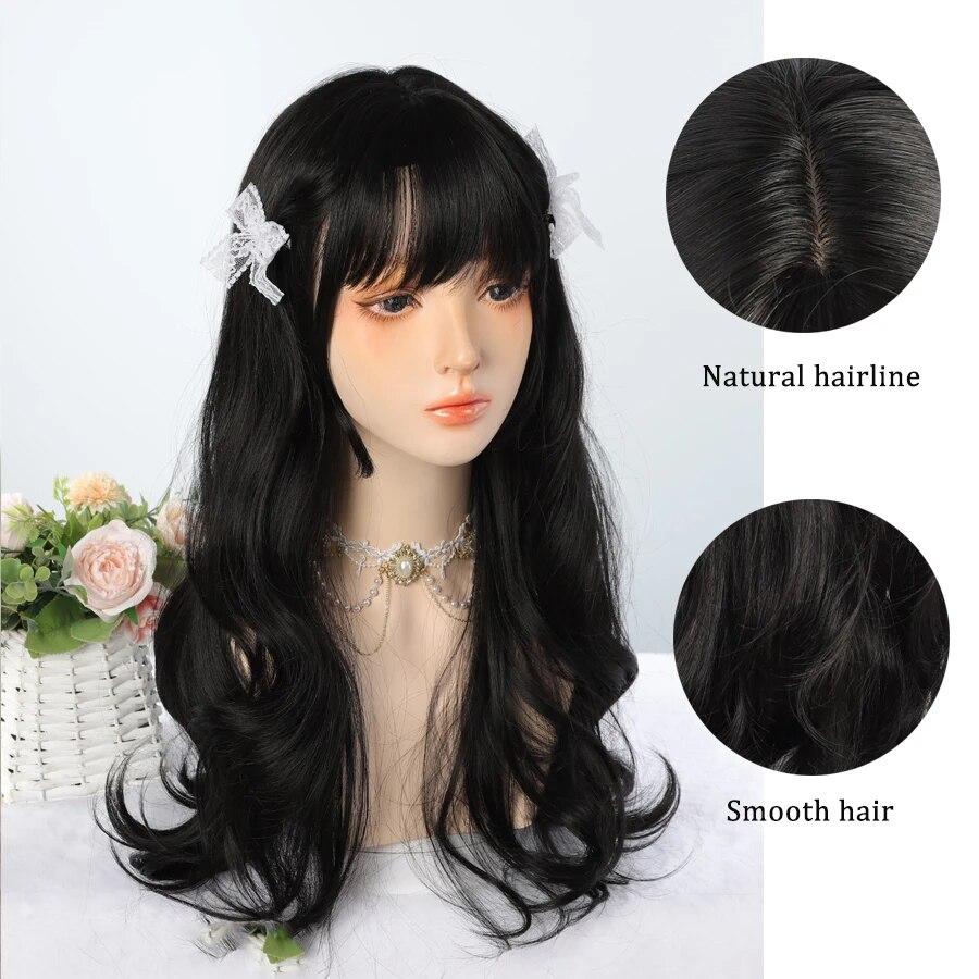 Synthetic Natural Black Wigs Long Wavy Wig for Women with Bangs Halloween Party Daily Heat Resistant Fibre Hair Wigs