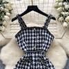 Autumn Winter Women Vintage Spaghetti Strap Houndstooth Tweed Party Short Split Dresses With Pocket