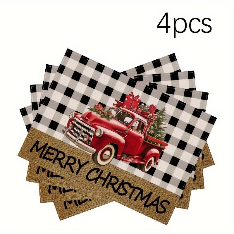 4pcs, Vintage Pickup Truck Merry Christmas Placemats, Linen Red Black Buffalo Plaid Truck Christmas Tree Christmas Table Mats, 12*18 Inch Winter