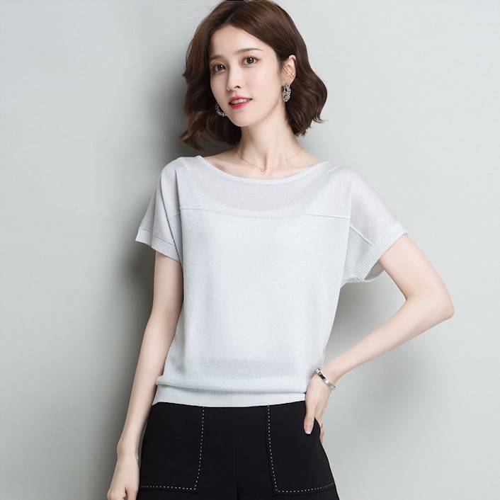 Plus Size Loose Summer Bat Sleeve Bright Silk Jersey Short Sleeve T-shirt for Women 40kg-100kg