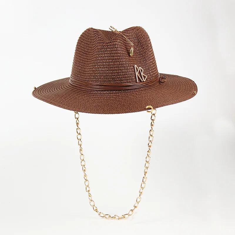 Chain Letter Jazz Hat - Fashionable Foldable Straw Sun Hat For Beach, Outdoor Summer Boho Visor With Adjustable Chin Strap