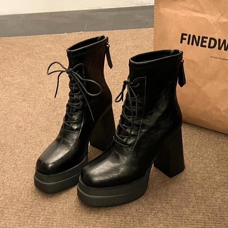 Fashion Punk Goth Women's Boots High Heels Ankle Boots Fashion Modern Western Motorcycle Boots Women New Lace Up Casual Short Boots