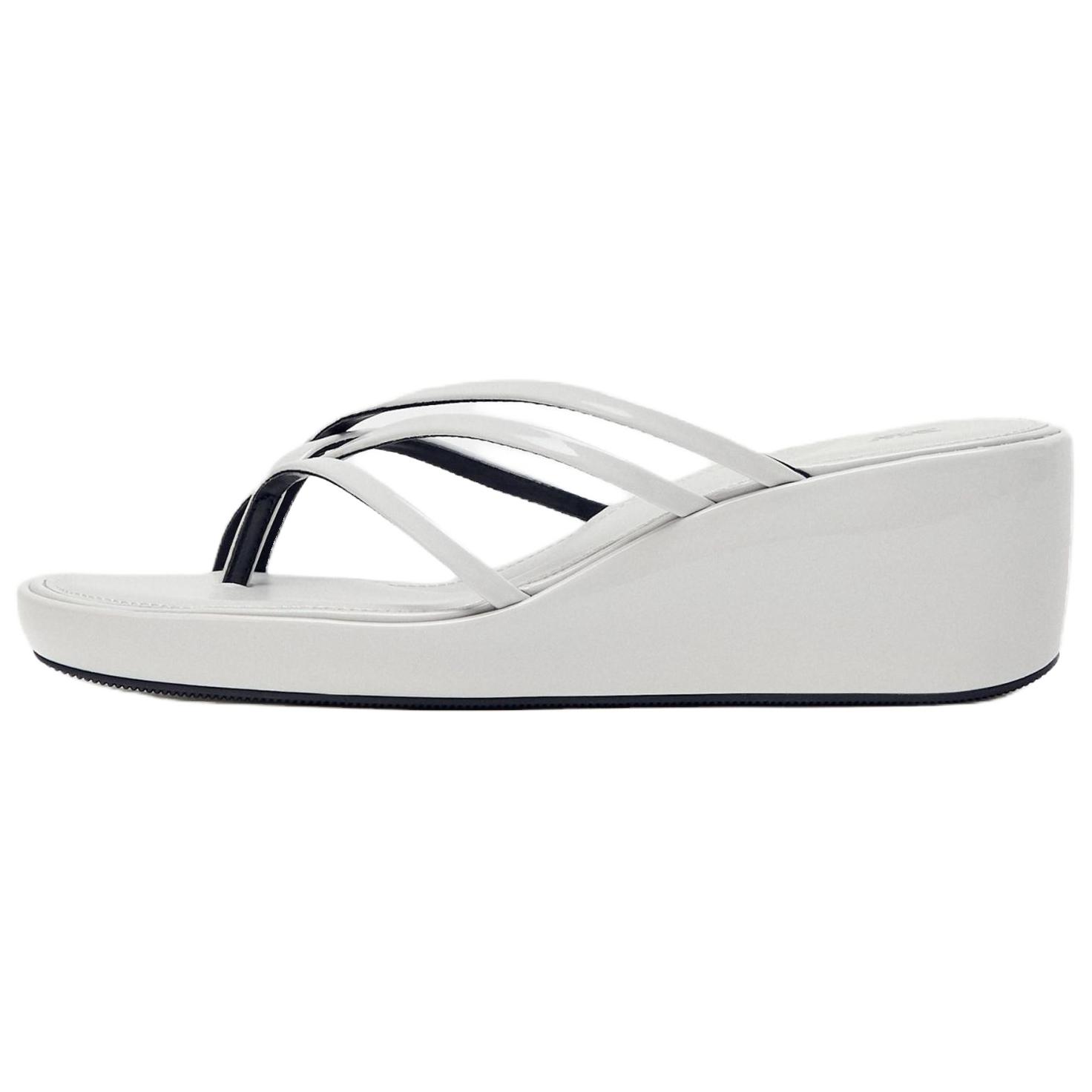 

Zara Удобные Минималистичные Шлепанцы-клинья с эффектом лакированной кожи, с круглым носком, Женская обувь, Белый 11326510001-38 39