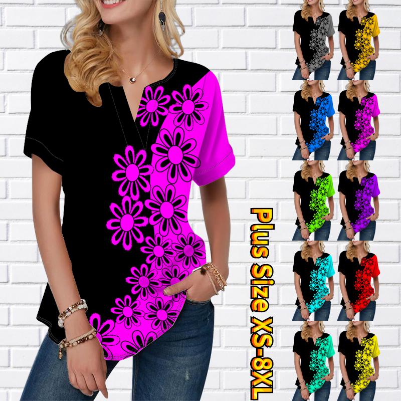 

Женская летняя футболка с цветочным принтом, футболки с короткими рукавами, повседневные топы, маленький v-образный вырез с короткими рукавами