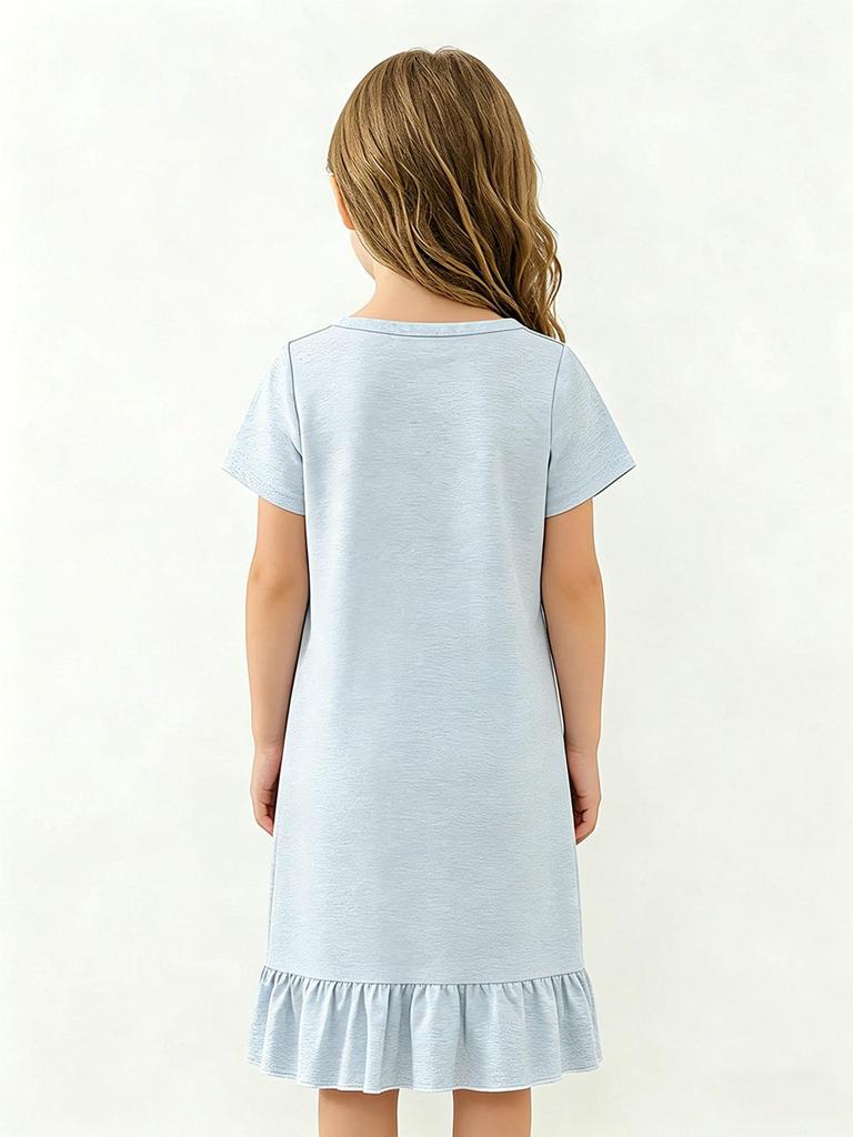 Sweet Girls Everyday Dress, Light Blue Summer Casual Short Sleeve Toddler To Kids 2-8 Years Comfortable and Soft