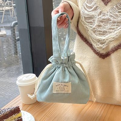 Vintage Women's Corduroy Handbag Casual Drawstring Pocket Solid Color Wallet Storage Bag Makeup Bag