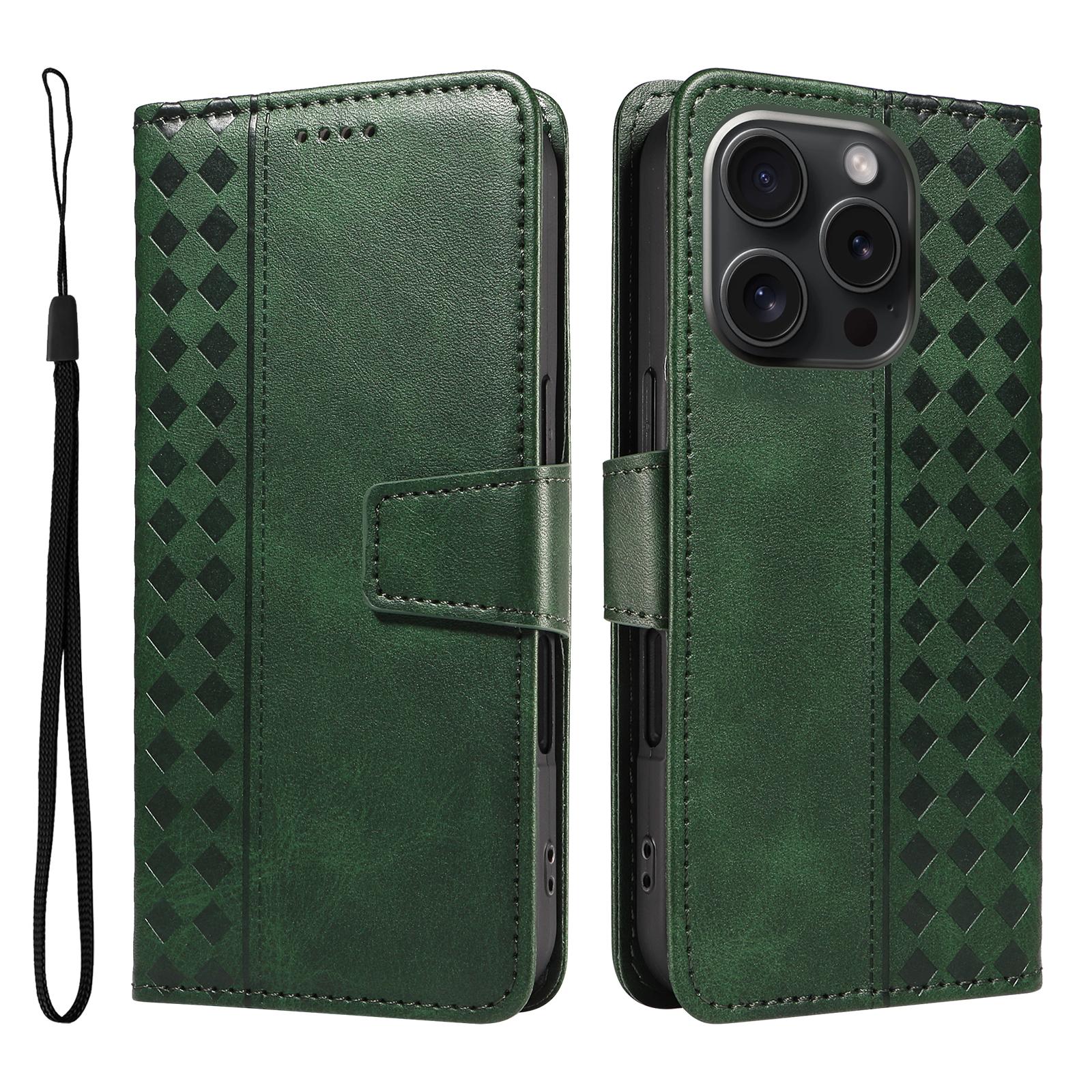 

For iPhone 15 Pro Leather Case Wallet Stand Grids Imprinted Phone Cover with Strap Green