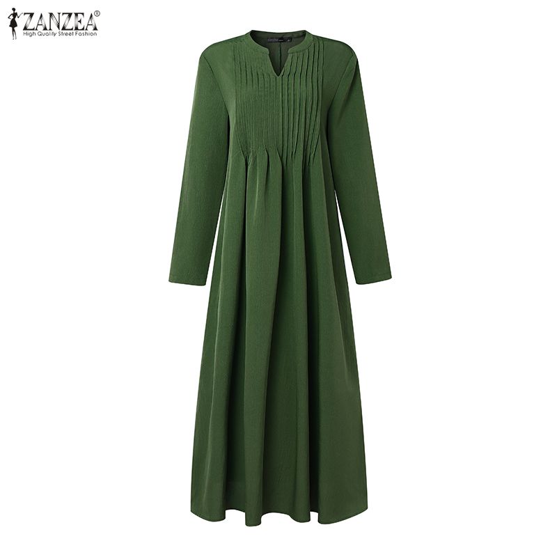 ZANZEA Women Casual V-Neck Solid Color Long Sleeve Loose Dress