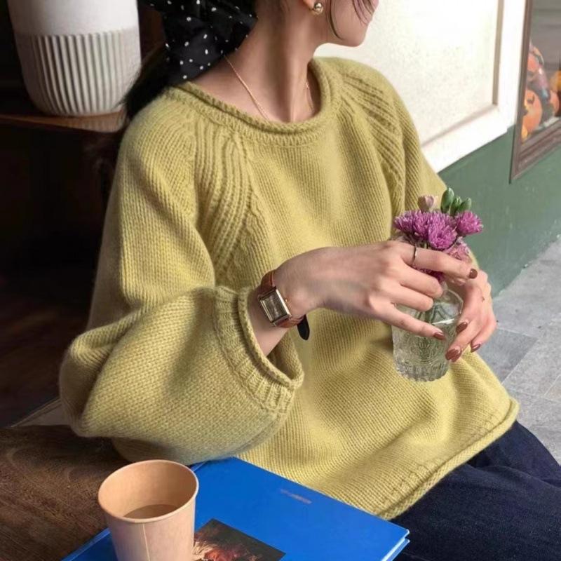 French Yellow Knit Sweater Pullover Women Early Spring Chunky Loose Lazy Style Top