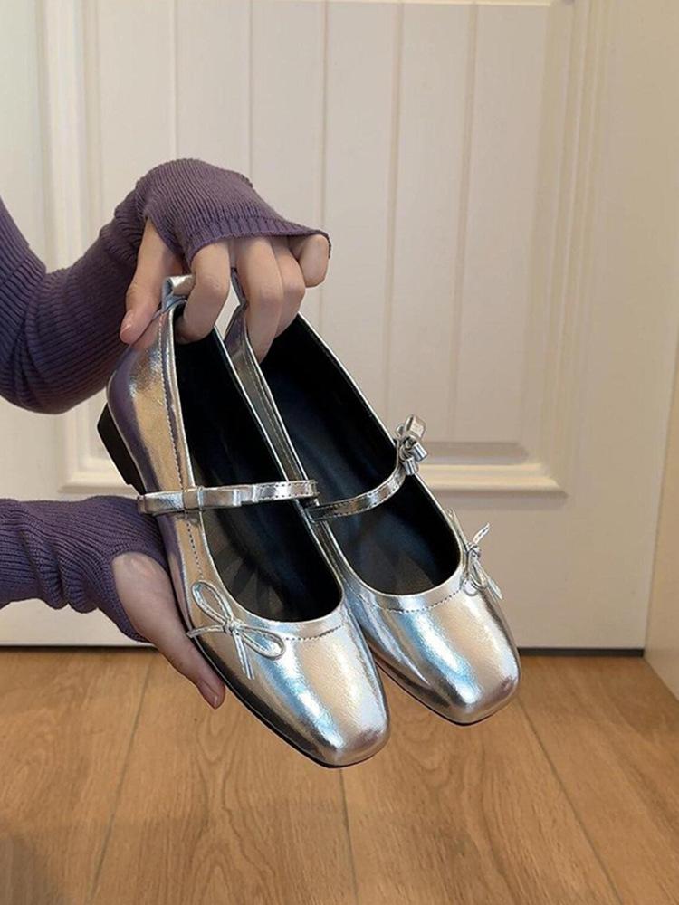 Sheepskin version~ genuine leather French retro flat-bottomed bow light mouth single shoes women's new silver Mary Jane evening shoes