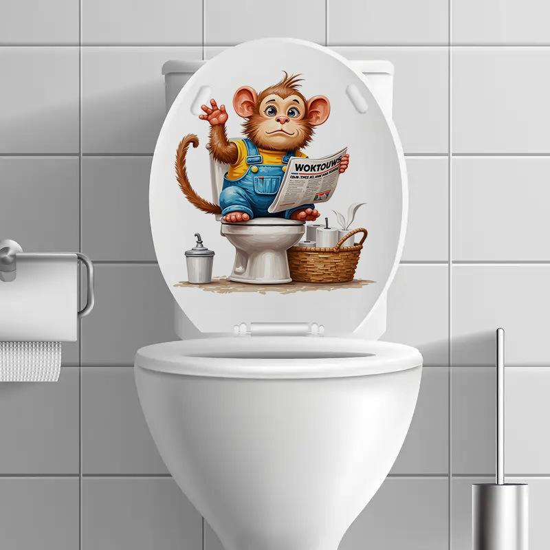 3D Funny Cartoon Monkey Reading Newspaper Toilet Wall Sticker Self-Adhesive Waterproof Removable Bathroom Home Decor Art