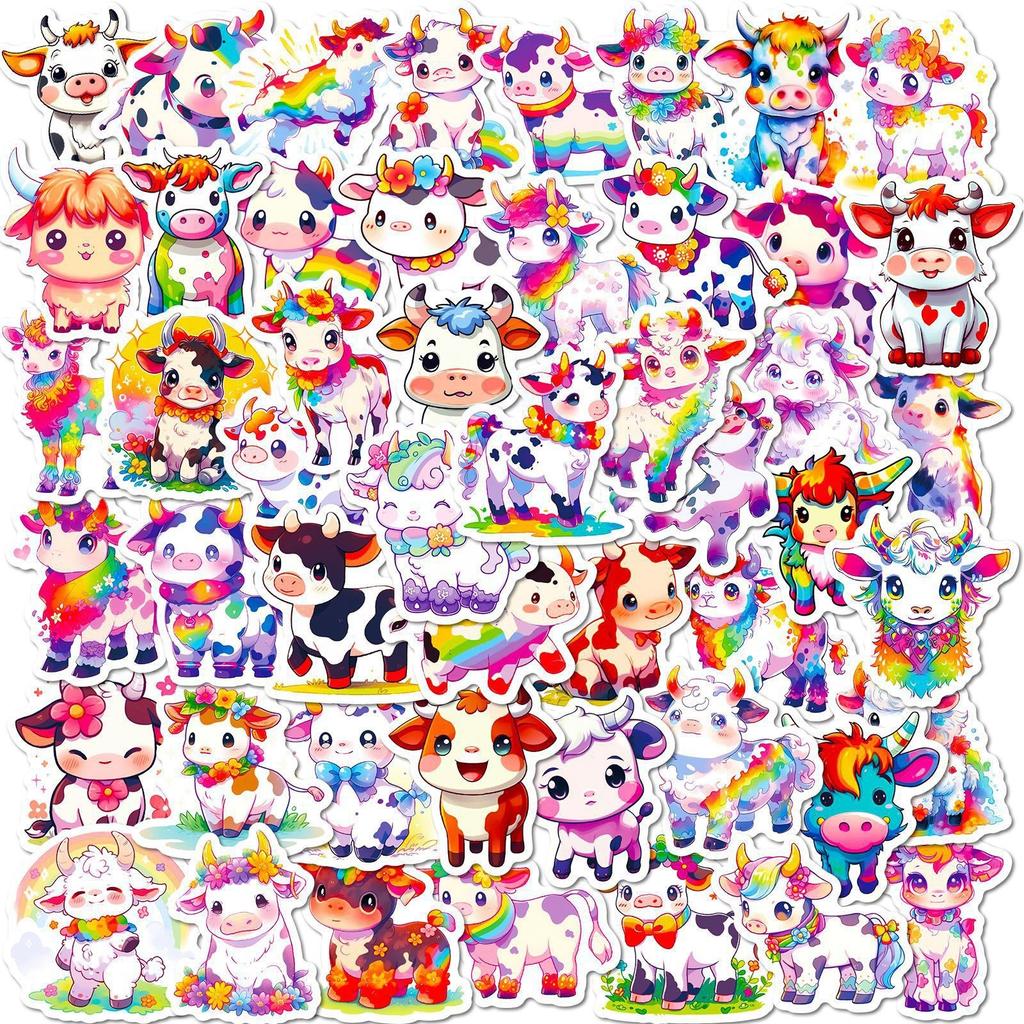50 Regenbogen Kälbchen Doodle Aufkleber für Kinder Niedliche Kuh Cartoon Kreative Persönlichkeitsaufkleber