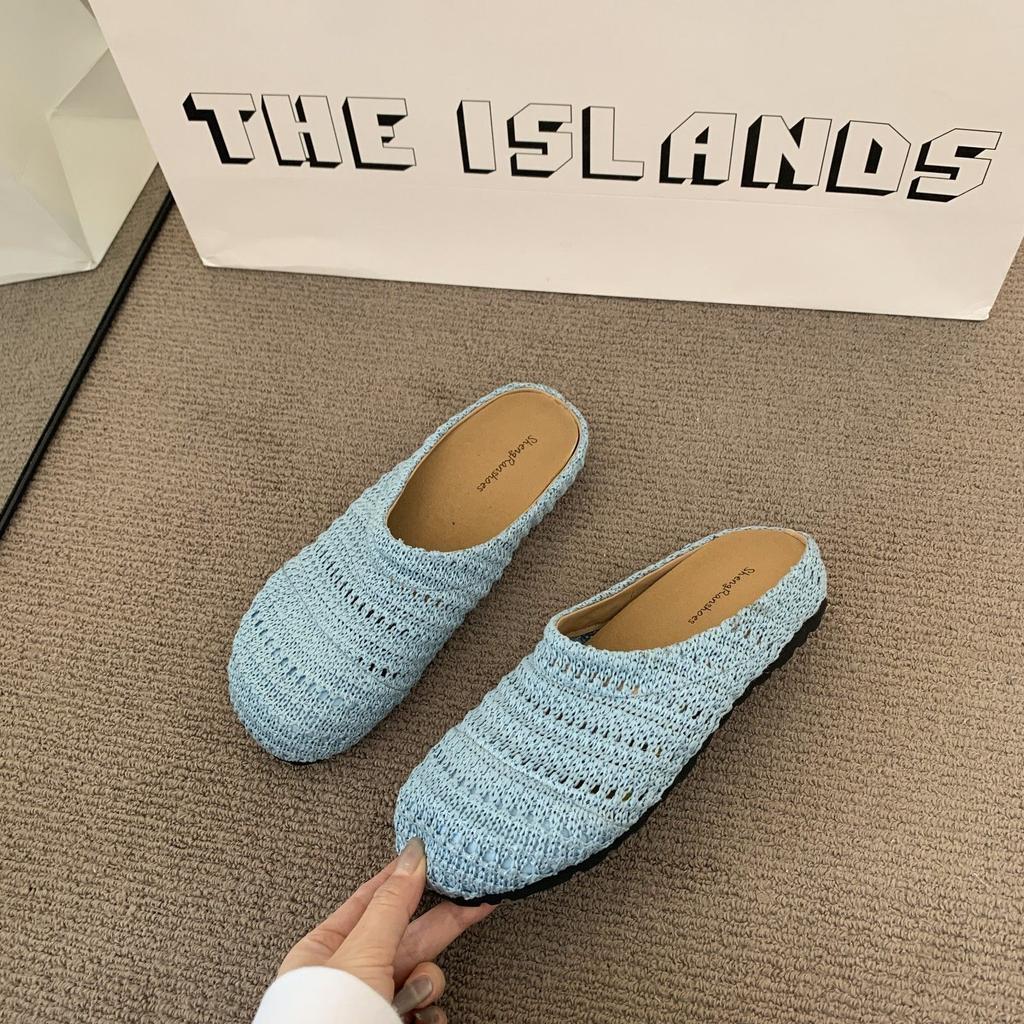 French Fashion Woven Hollow Breathable Bag Head Slippers Non-slip New Wear Flat Bottom Cool Slippers Women 2025 Summer