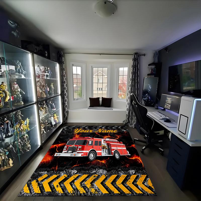 1PC Custom Name Fire Truck Adventure Theme Floor Mat Ideal for Living Room, Game Rooms, Office, Bedroom, Office Floor Mat , Floor Mats for Home