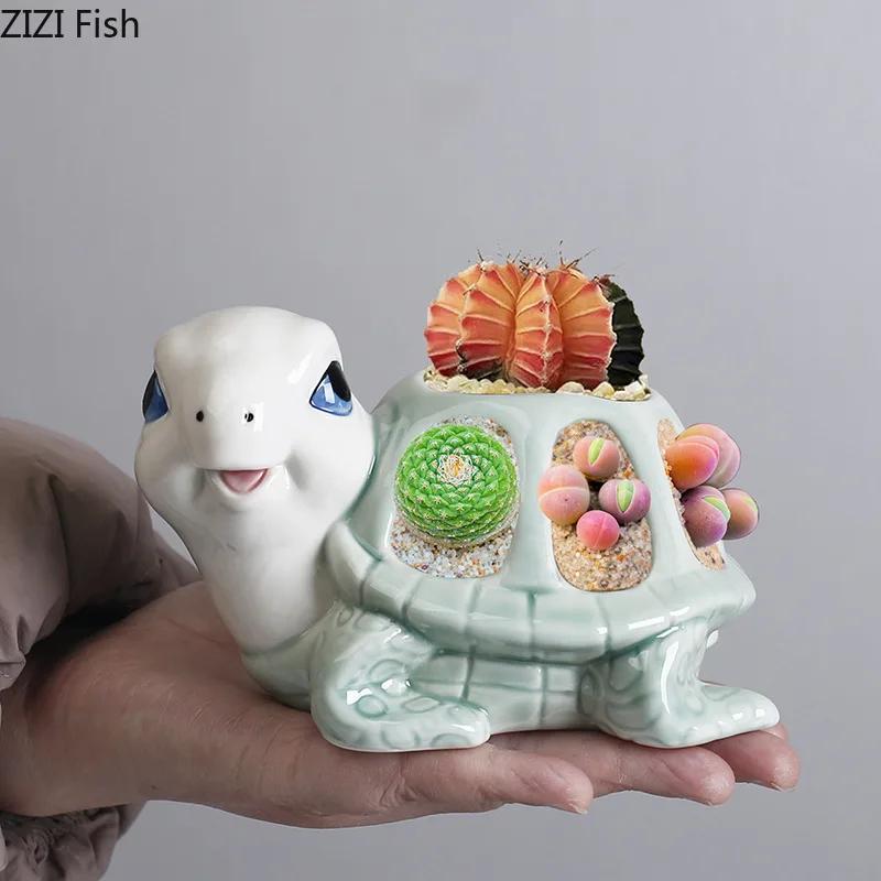 Creative Cartoon Turtle Ceramic Vase Plant Pots Table Decoration Flowers Arrangement Painted Turtle Vase Room Aesthetic Decor