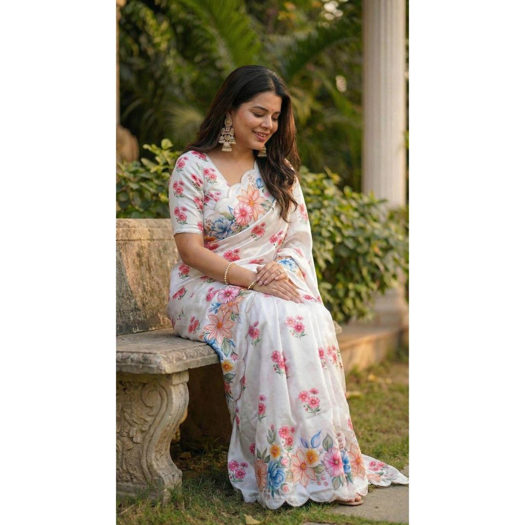 Soft Chinon silk saree floral digital print with beautiful handwork and hand work with cut-work  border