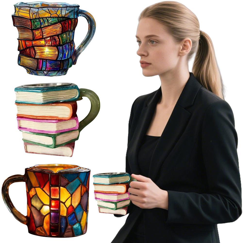 Painted Book Mug Unique 3D Book Stack Coffee Mug Colored Glass Books Coffee Mug for Literature Lovers Collection Gifts