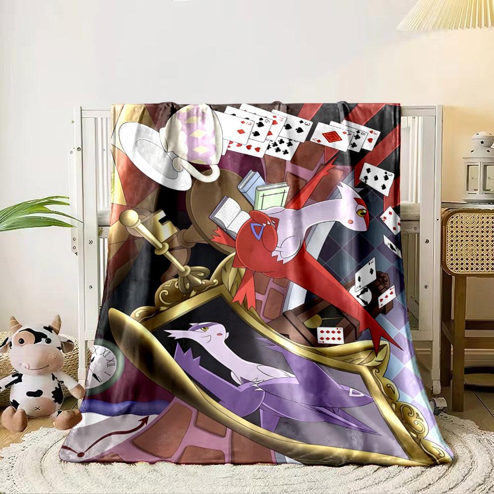 A surreal scene includes floating cards, books, mirrored figures, and objects. for all seasons blanket lunch break throw gift 80cm x 120cm