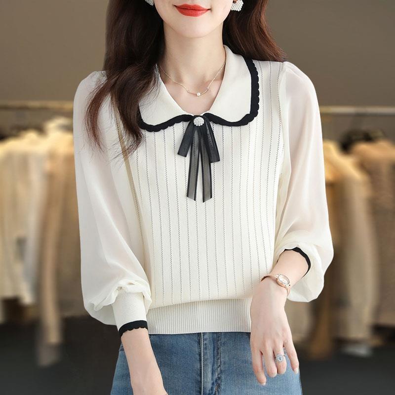 Ice Silk Top Women's Autumn New Knitted Bottoming Shirt Season Doll Collar Splicing Shirt
