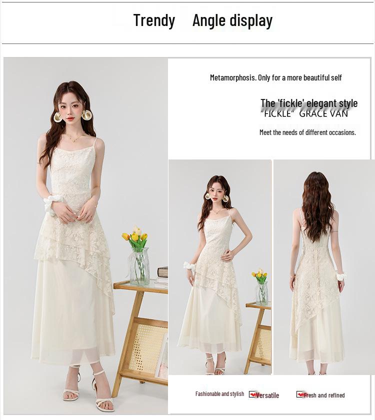 2026 Summer French Apricot Lace Embroidered Irregular Long Camisole Dress for Women